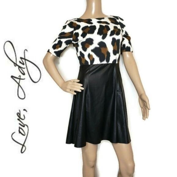 Love Ady Womens Animal Print & Faux Leather Dress short sleeve zipper back Small - Picture 2 of 6